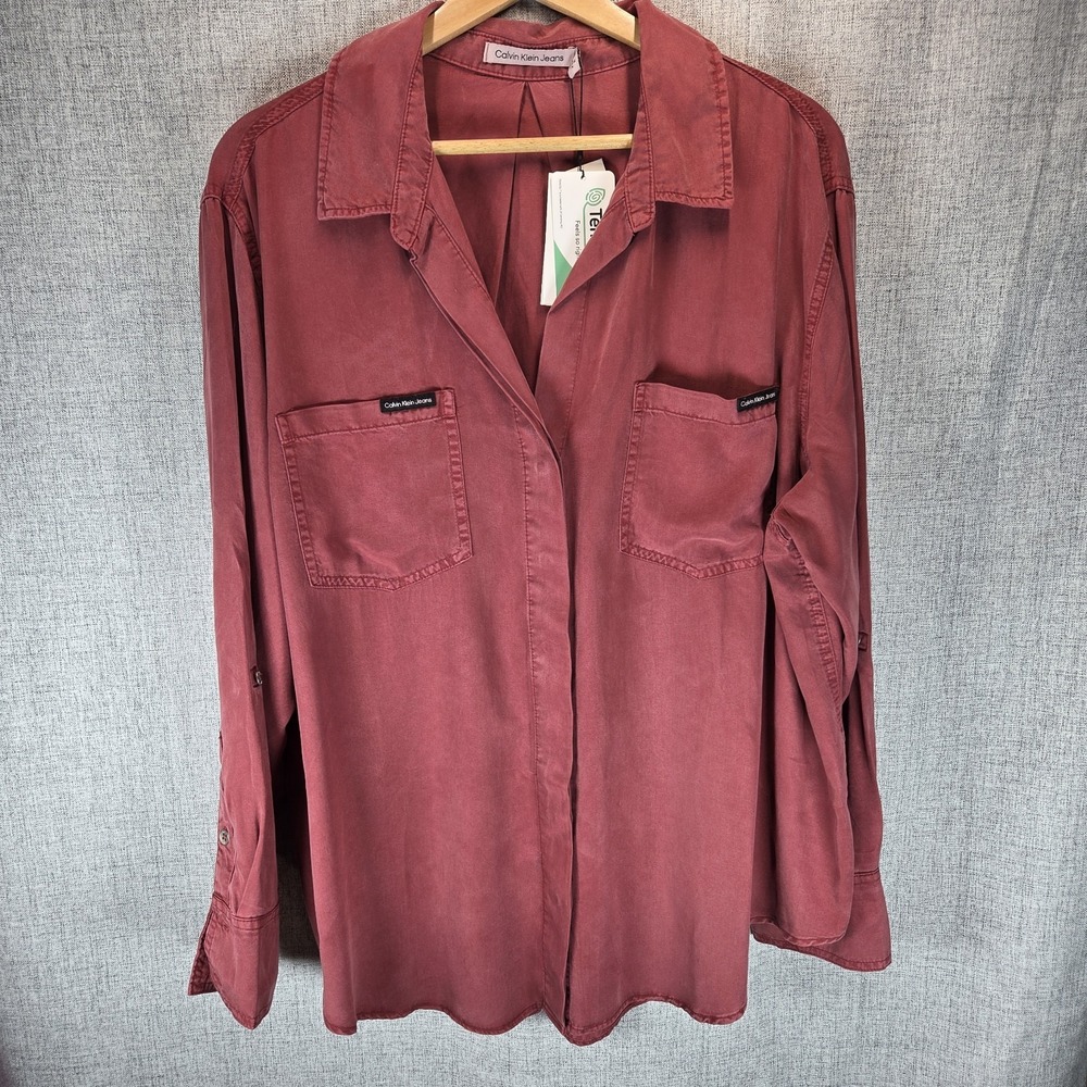 Calvin Klein Burgundy Casual Button Up Roll Tab LS Tencel 1X Modern Blouse‎